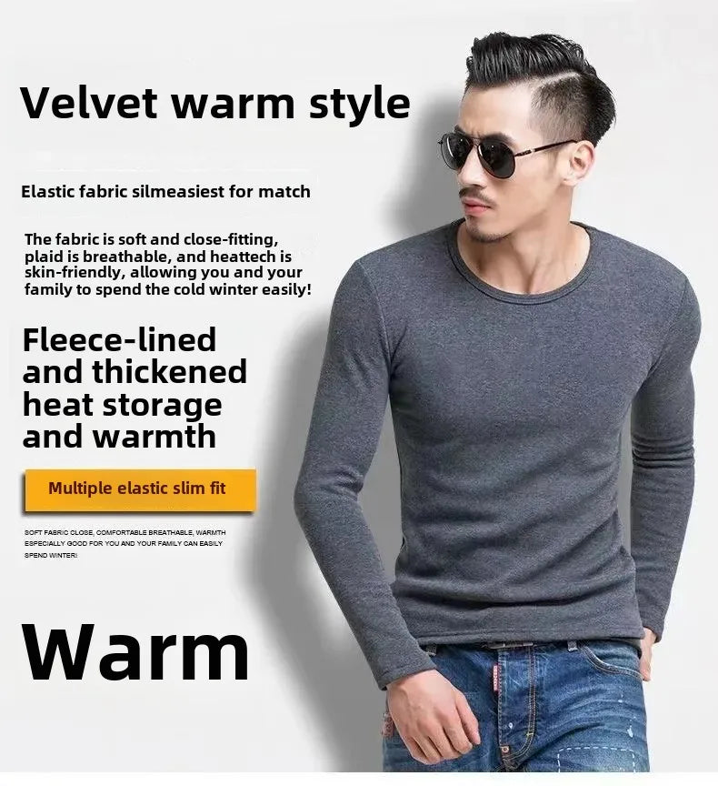 Thickened Fleece-Lined Warm Mens Winter Base Layer Tops Round Neck Sweatshirt T-Shirt Inner Winter Clothing For Youth - Aurex