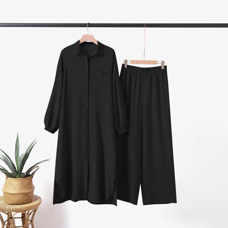 ZANZEA Autumn Muslim Sets Turkey Dubai Abaya Women Long Sleeve Shirt Set Causal Pants Suits Abayas For Women IsIamic Outifits - Aurex