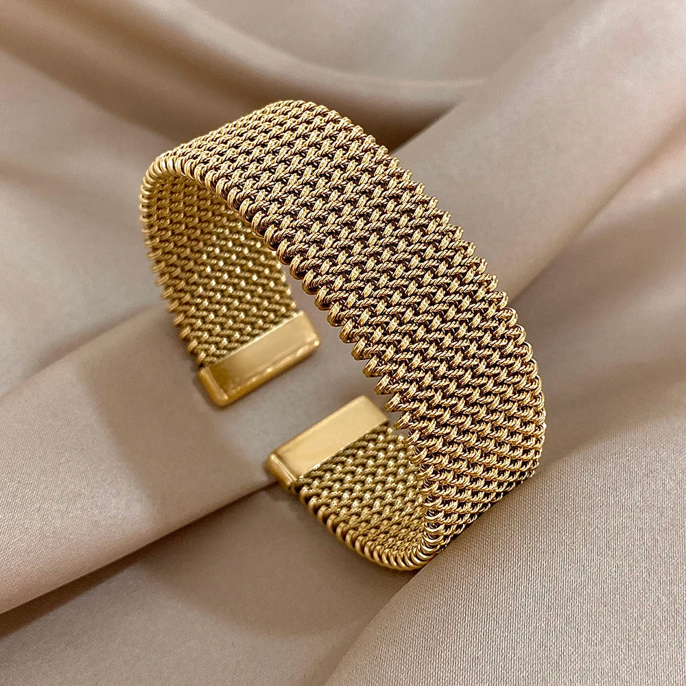 Vintage Stainless Steel Braided Mesh Cuff Bracelet – Elegant Waterproof Jewelry for Women