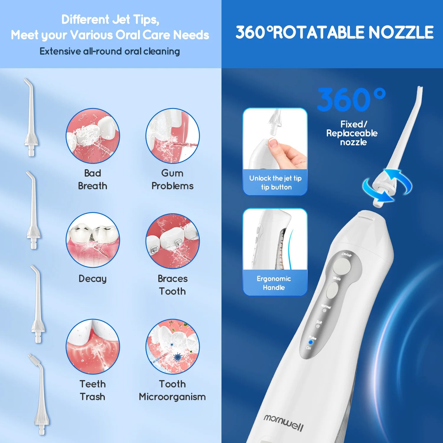 Water Dental Flosser Teeth Picks 4 Jets 3 Modes Portable Cordless D52 Water Flosser for Teeth Cleaner IPX7 Waterproof Oral Picks - Aurex