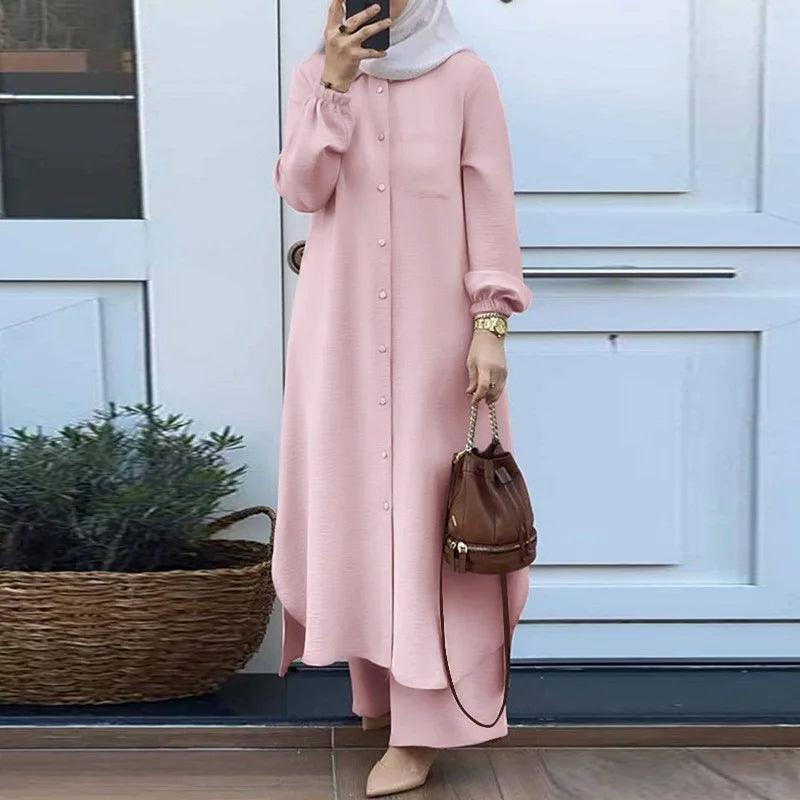 Eid Two-Piece Set – Women's Shirt with Pocket & Wide-Leg Pants | Modest Ramadan Outfit - Aurex