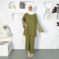 Women Muslim Sets Tops Wide Leg Pants Outfits Embroidery Ramadan Morocco Dubai Islam Modest 2 Piece Suit Trousers Ensemble - Aurex