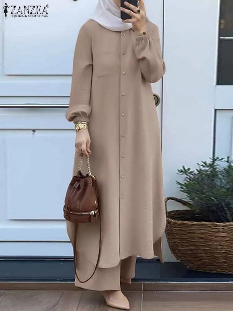 ZANZEA Autumn Muslim Sets Turkey Dubai Abaya Women Long Sleeve Shirt Set Causal Pants Suits Abayas For Women IsIamic Outifits - Aurex