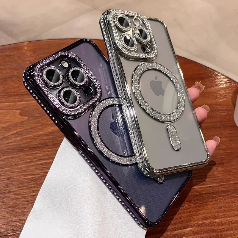 Luxury Glitter Magsafe Phone Case For iPhone 11 12 13 14 15 16 Pro Max Plus Transparent Magnetic Bumper Diamond Cover