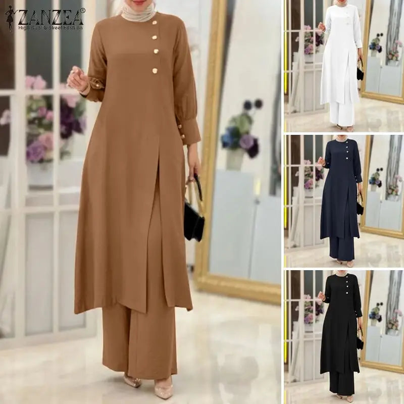 ZANZEA Muslim Abaya Suit Elegant Women Matching Sets Fashion Long Shirt Tops & Wide Leg Pants Ramadan Outfits Urban Tracksuits - Aurex