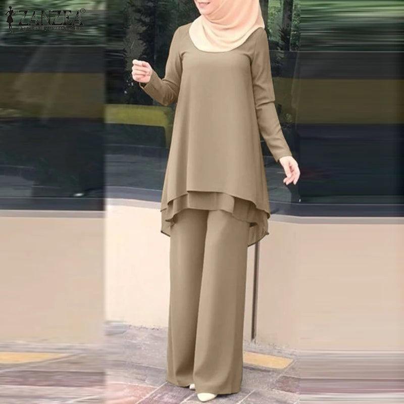 ZANZEA Women Two Piece Sets Outifits Fashion Tracksuit Muslim Long Sleeve Blouse Pant Sets Casual Solid Matching Sets 2PCS - Aurex