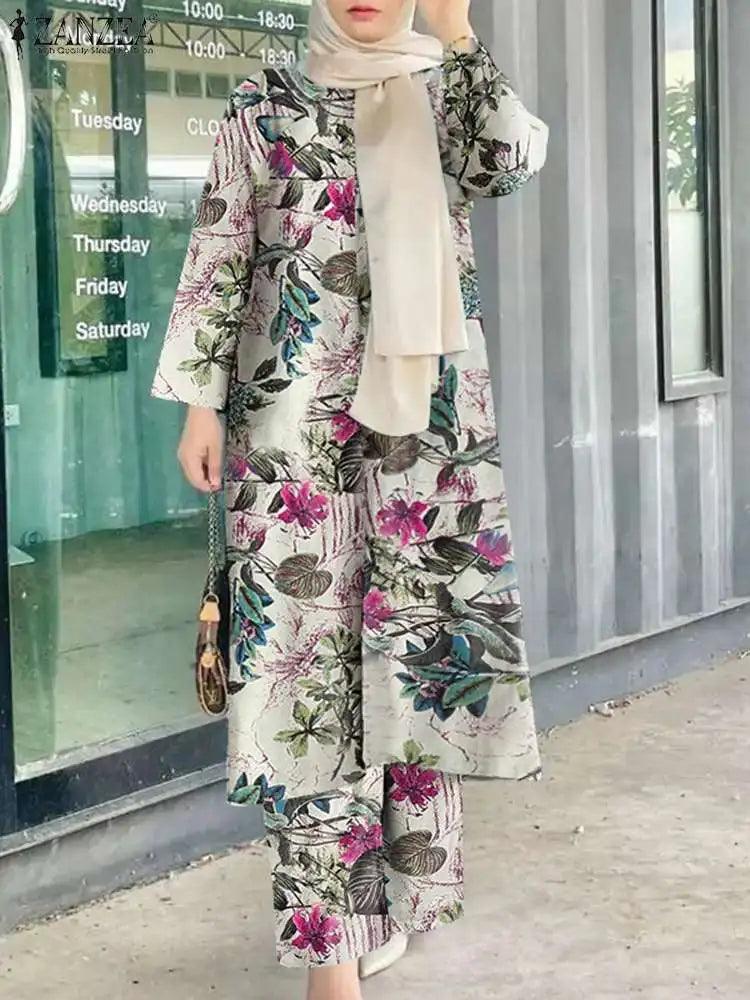 ZANZEA Vintage Women Long Sleeve Blouse Pant Sets 2PCS Floral Printed Loose Outifits Retro Casual Trouser Suit Muslim Tracksuits - Aurex