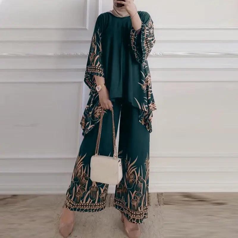 ZANZEA Women Vintage Floral Printed Trousers Suits 2PCS Long Sleeve Blouse Muslim Pants Sets Casual Tracksuit Islamic Clothing - Aurex