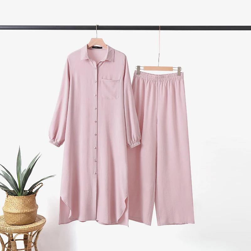 ZANZEA Autumn Muslim Sets Turkey Dubai Abaya Women Long Sleeve Shirt Set Causal Pants Suits Abayas For Women IsIamic Outifits - Aurex