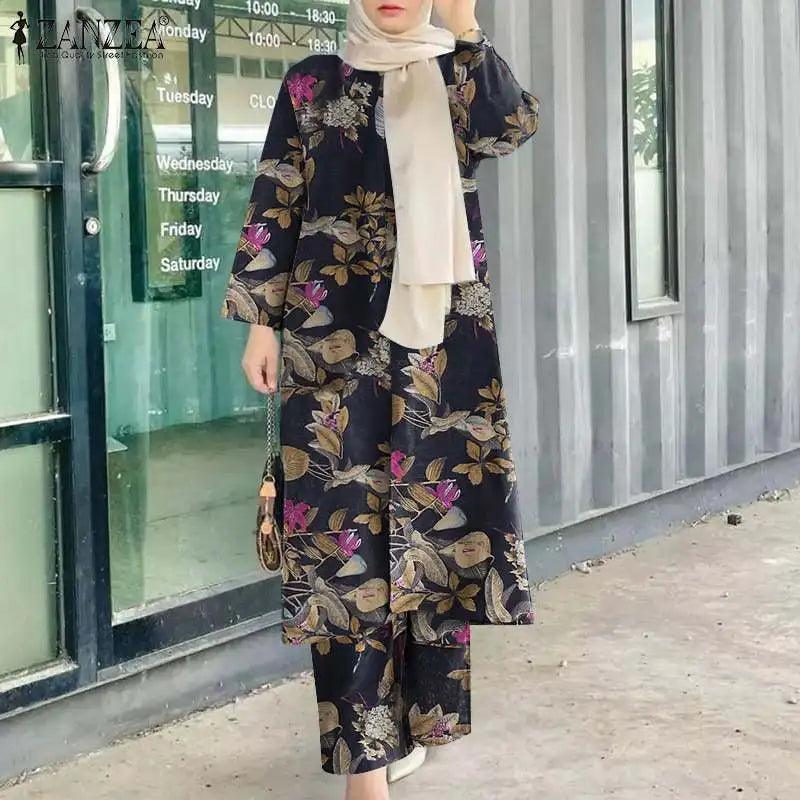 ZANZEA Vintage Women Long Sleeve Blouse Pant Sets 2PCS Floral Printed Loose Outifits Retro Casual Trouser Suit Muslim Tracksuits - Aurex
