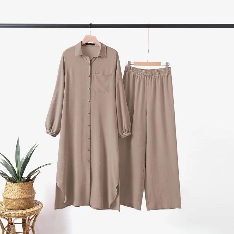 ZANZEA Autumn Muslim Sets Turkey Dubai Abaya Women Long Sleeve Shirt Set Causal Pants Suits Abayas For Women IsIamic Outifits - Aurex