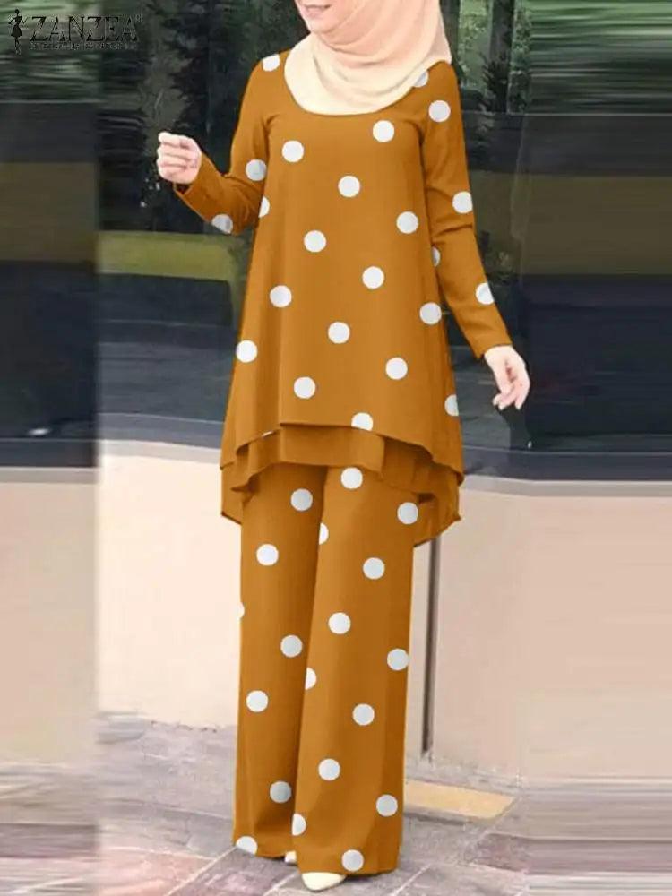 ZANZEA Women Two Piece Sets Outifits Fashion Tracksuit Muslim Long Sleeve Blouse Pant Sets Casual Solid Matching Sets 2PCS - Aurex