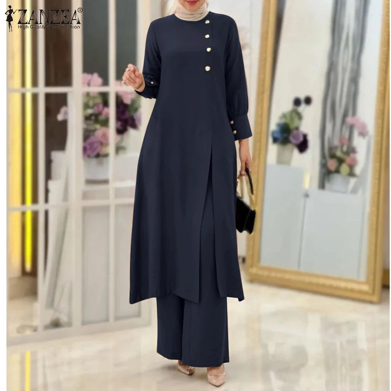 ZANZEA Muslim Abaya Suit Elegant Women Matching Sets Fashion Long Shirt Tops & Wide Leg Pants Ramadan Outfits Urban Tracksuits - Aurex