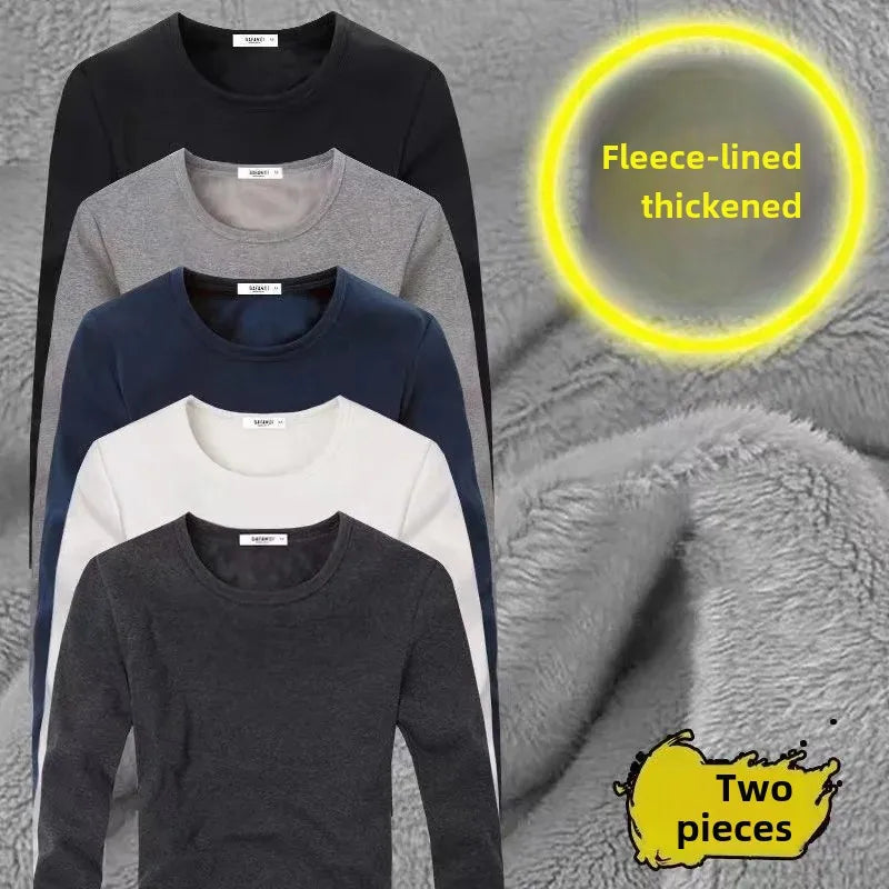 Thickened Fleece-Lined Warm Mens Winter Base Layer Tops Round Neck Sweatshirt T-Shirt Inner Winter Clothing For Youth - Aurex