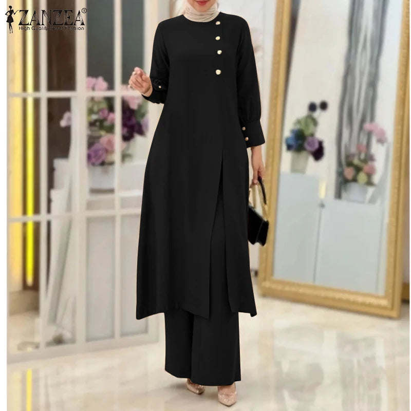 ZANZEA Muslim Abaya Suit Elegant Women Matching Sets Fashion Long Shirt Tops & Wide Leg Pants Ramadan Outfits Urban Tracksuits - Aurex