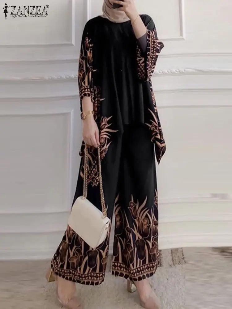 ZANZEA Women Vintage Floral Printed Trousers Suits 2PCS Long Sleeve Blouse Muslim Pants Sets Casual Tracksuit Islamic Clothing - Aurex