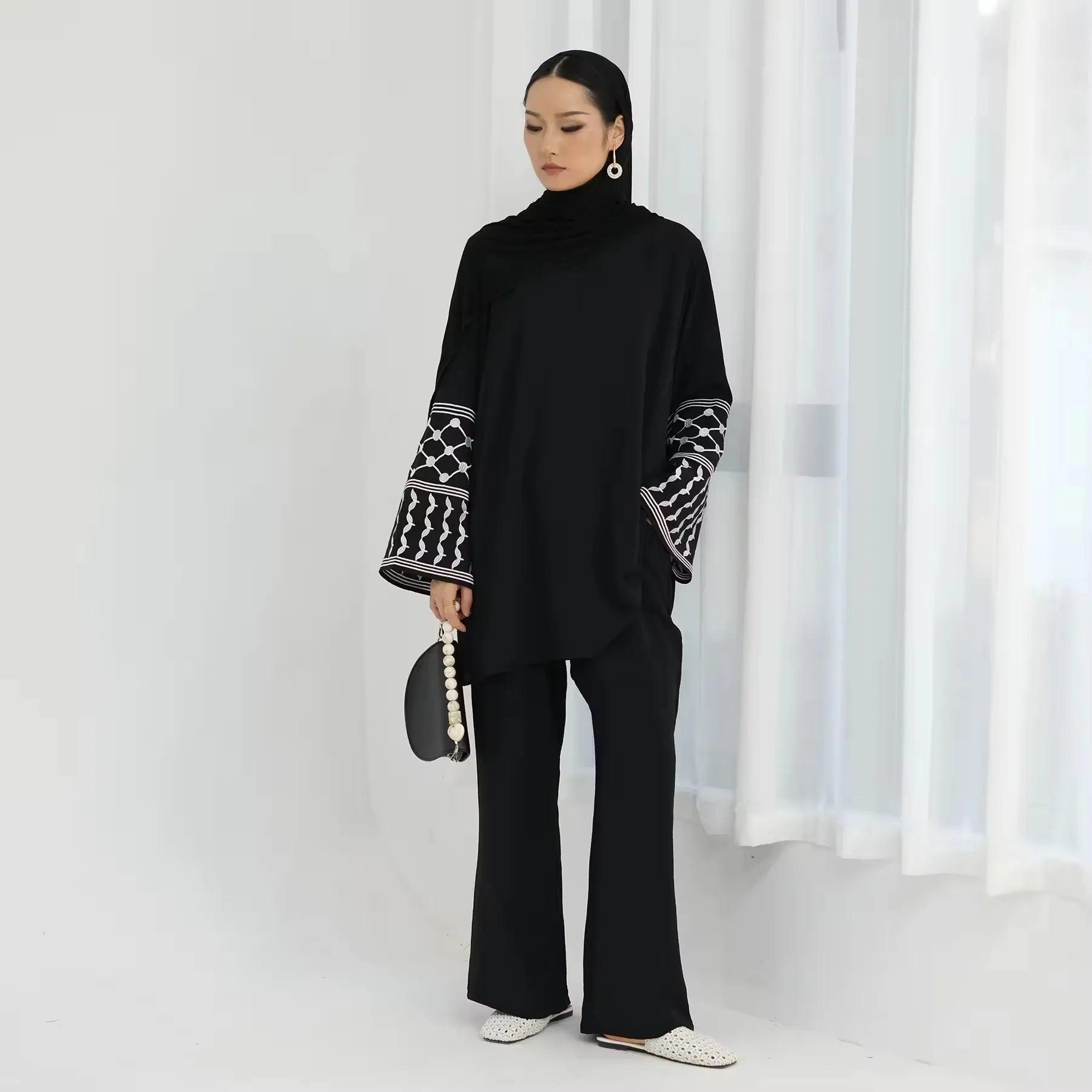 2Pieces Ramadan Eid Djellaba Suits Abaya Dubai  Embroidery Shirt + Pants Muslim Sets Abaya Dubai Muslim Islam Abayas WY2060 - Aurex