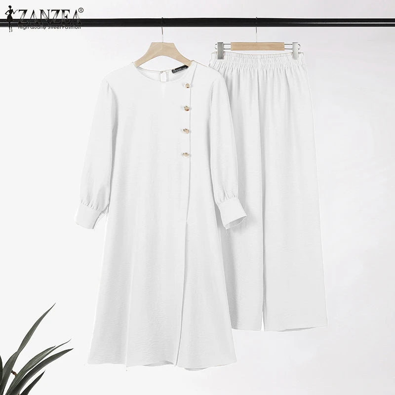 ZANZEA Muslim Abaya Suit Elegant Women Matching Sets Fashion Long Shirt Tops & Wide Leg Pants Ramadan Outfits Urban Tracksuits - Aurex