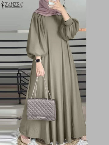 ZANZEA Islamic Hijab Dresses Elegant Long Lantern Sleeve Muslim Abaya Dress Maxi Robe Women Sundress Casual Solid Loose Vestidos