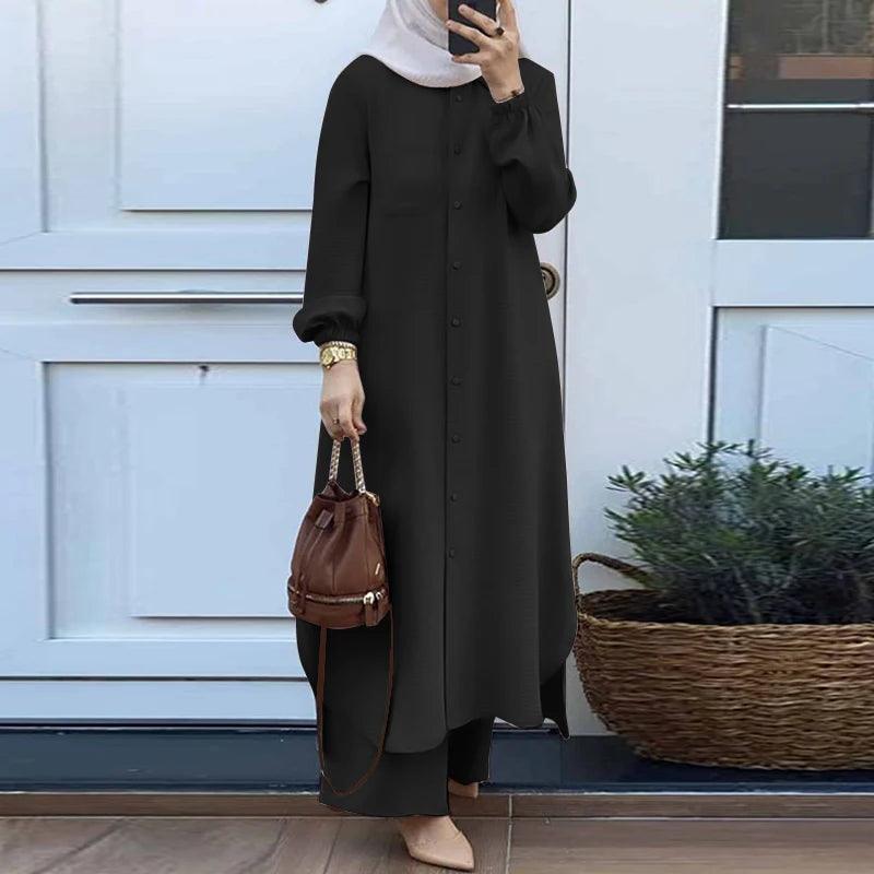 ZANZEA Autumn Muslim Sets Turkey Dubai Abaya Women Long Sleeve Shirt Set Causal Pants Suits Abayas For Women IsIamic Outifits - Aurex