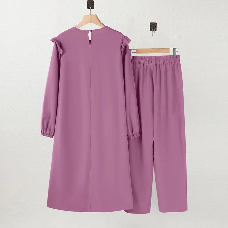 ZANZEA Autumn Muslim Long Sleeve Ruffle Tops Pants Suits 2PCS Women Casual Jilbab Islamic Sets Clothing Abaya Outifits Tracksuit - Aurex