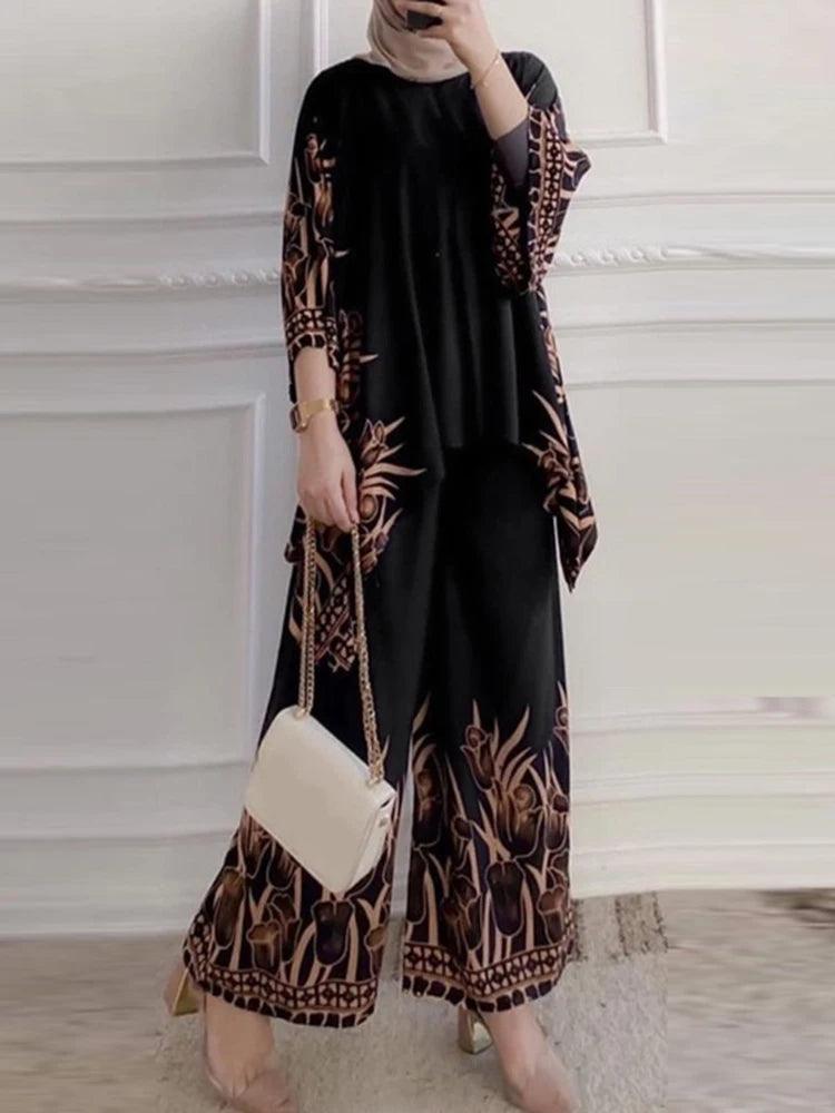 ZANZEA Women Vintage Floral Printed Trousers Suits 2PCS Long Sleeve Blouse Muslim Pants Sets Casual Tracksuit Islamic Clothing - Aurex
