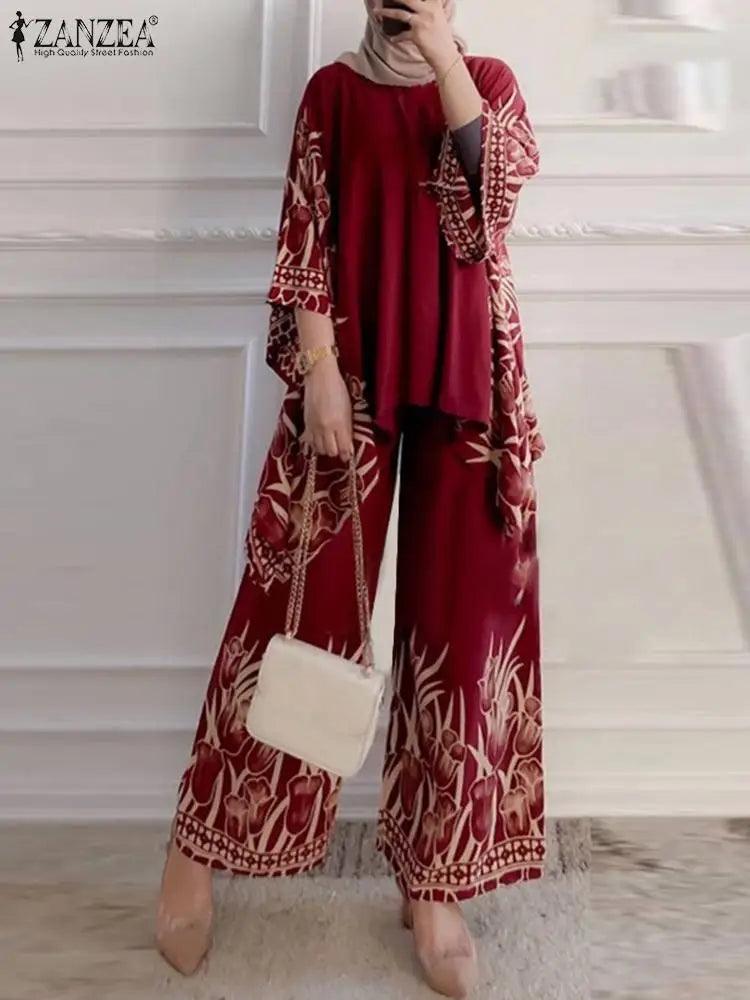 ZANZEA Women Vintage Floral Printed Trousers Suits 2PCS Long Sleeve Blouse Muslim Pants Sets Casual Tracksuit Islamic Clothing - Aurex