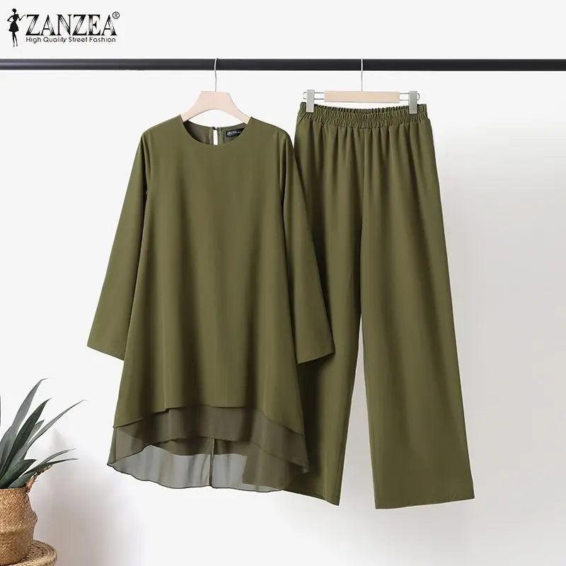 ZANZEA Women Two Piece Sets Outifits Fashion Tracksuit Muslim Long Sleeve Blouse Pant Sets Casual Solid Matching Sets 2PCS - Aurex
