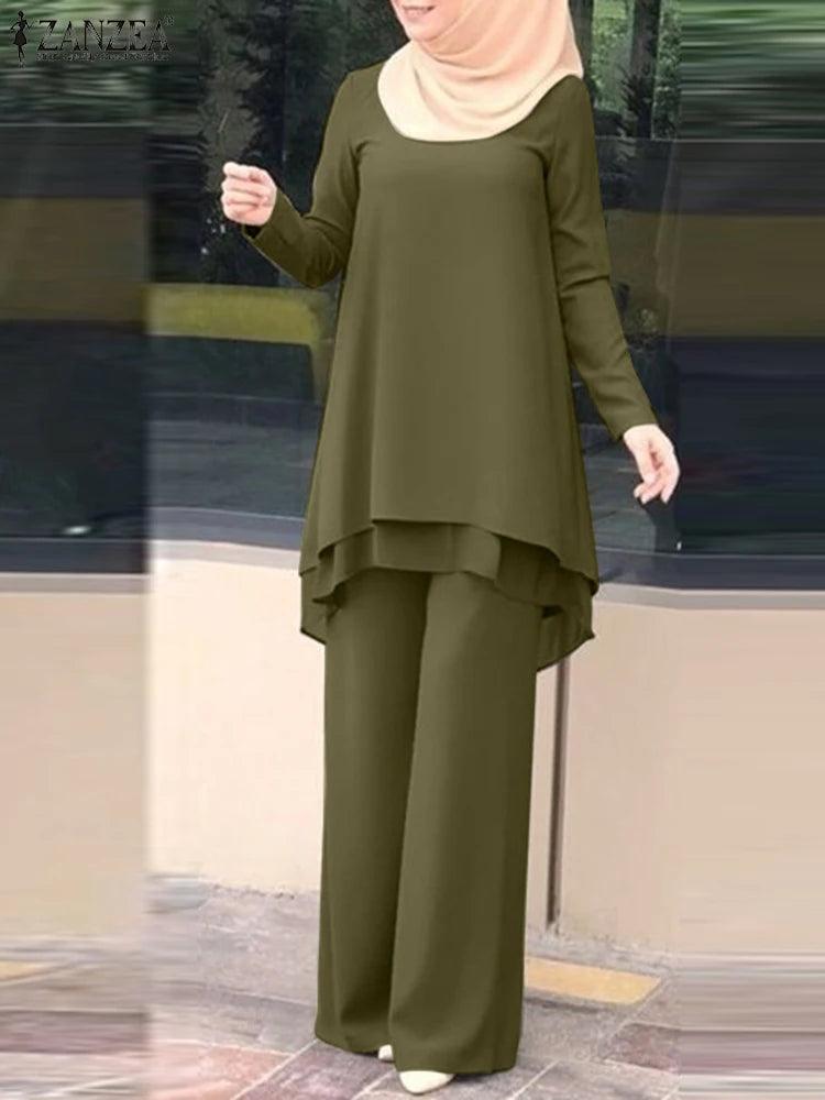 ZANZEA Women Two Piece Sets Outifits Fashion Tracksuit Muslim Long Sleeve Blouse Pant Sets Casual Solid Matching Sets 2PCS - Aurex