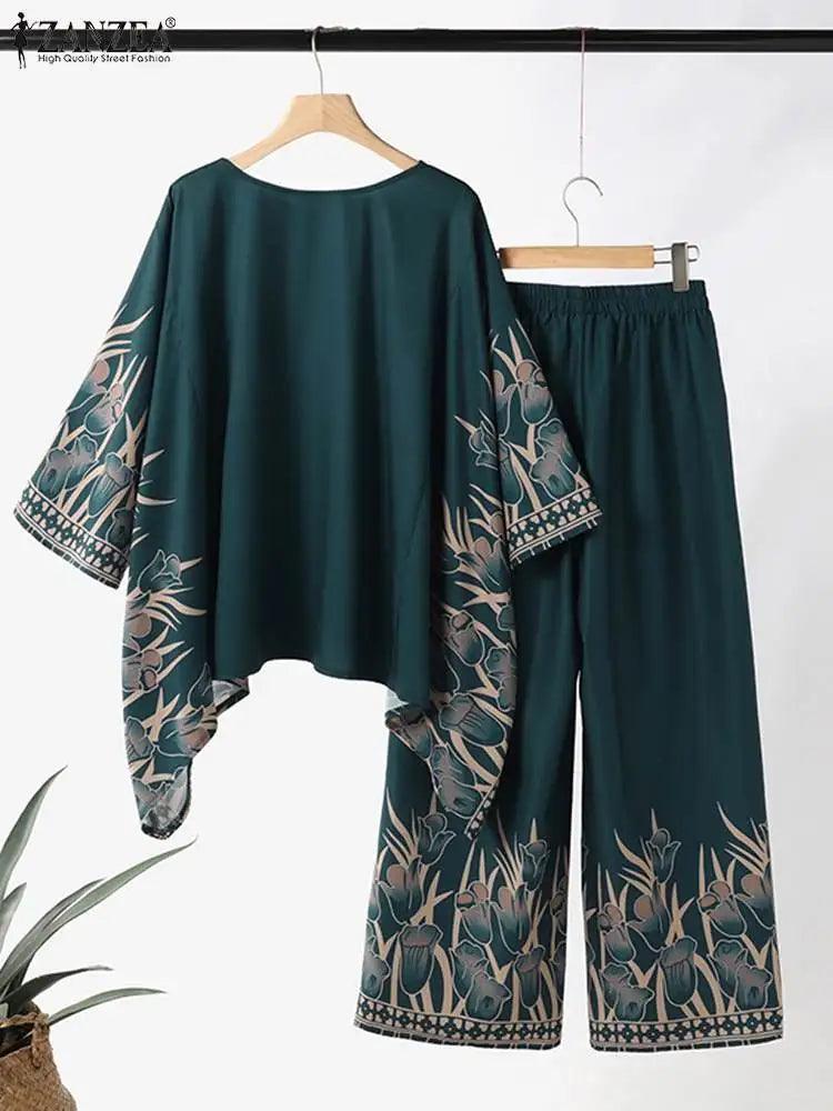 ZANZEA Women Vintage Floral Printed Trousers Suits 2PCS Long Sleeve Blouse Muslim Pants Sets Casual Tracksuit Islamic Clothing - Aurex