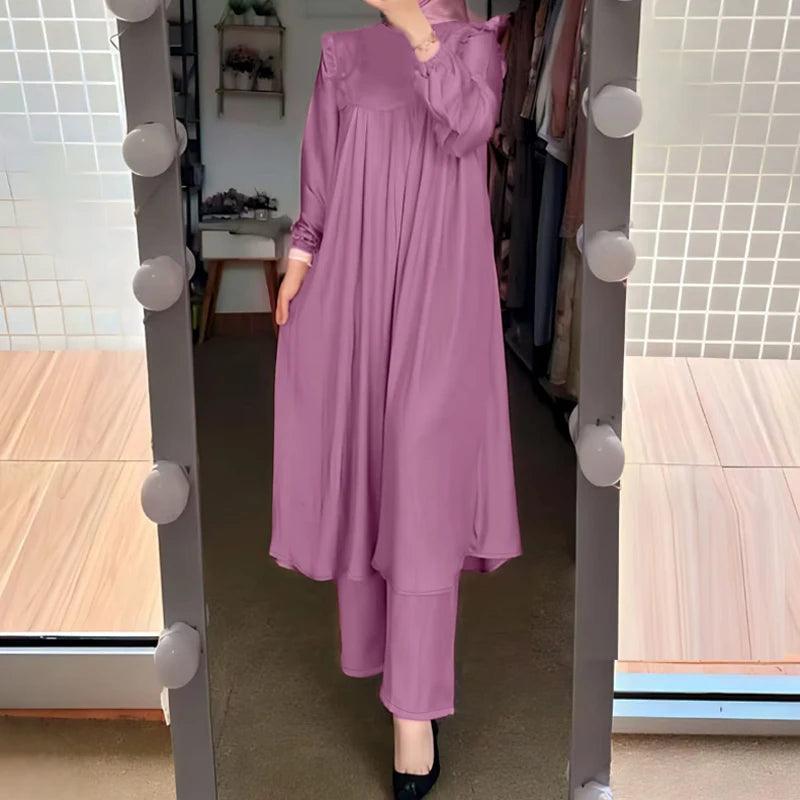 ZANZEA Autumn Muslim Long Sleeve Ruffle Tops Pants Suits 2PCS Women Casual Jilbab Islamic Sets Clothing Abaya Outifits Tracksuit - Aurex