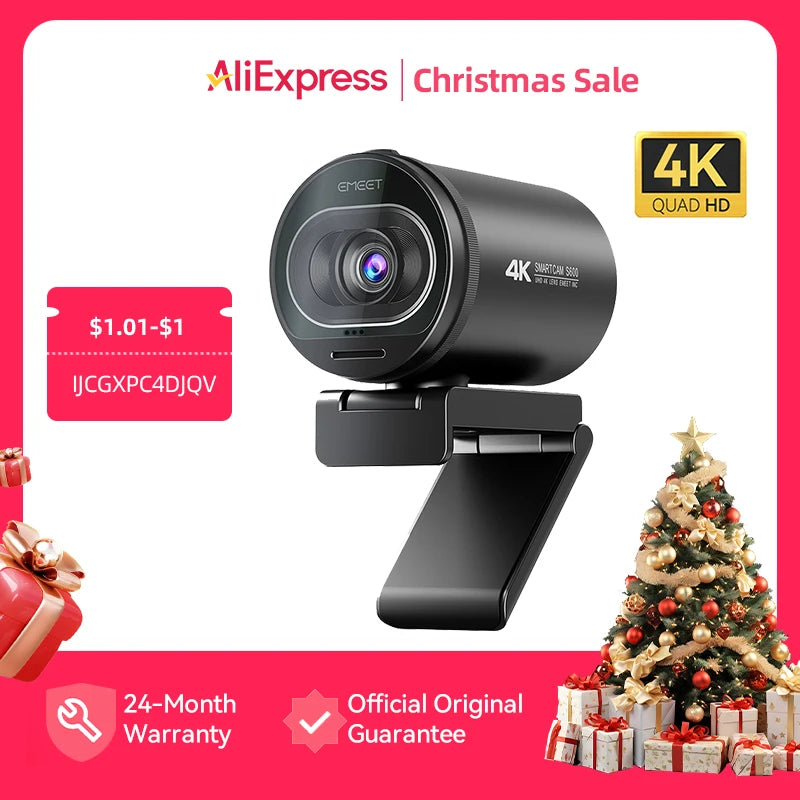 Webcam 4K Streaming Web Camera 1080P 60FPS USB Camera EMEET S600 Autofocus Living Stream Camera With Mics for Tiktok/YouTube - Aurex