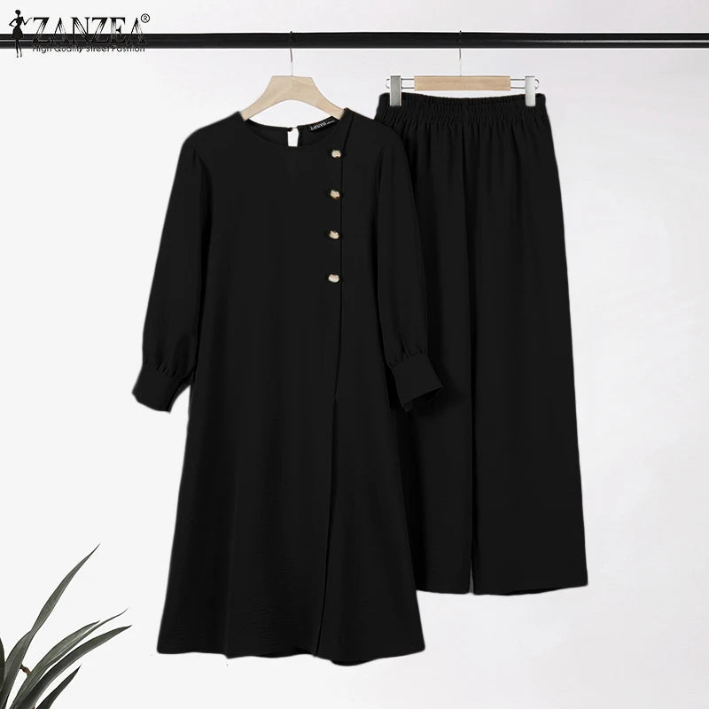 ZANZEA Muslim Abaya Suit Elegant Women Matching Sets Fashion Long Shirt Tops & Wide Leg Pants Ramadan Outfits Urban Tracksuits - Aurex