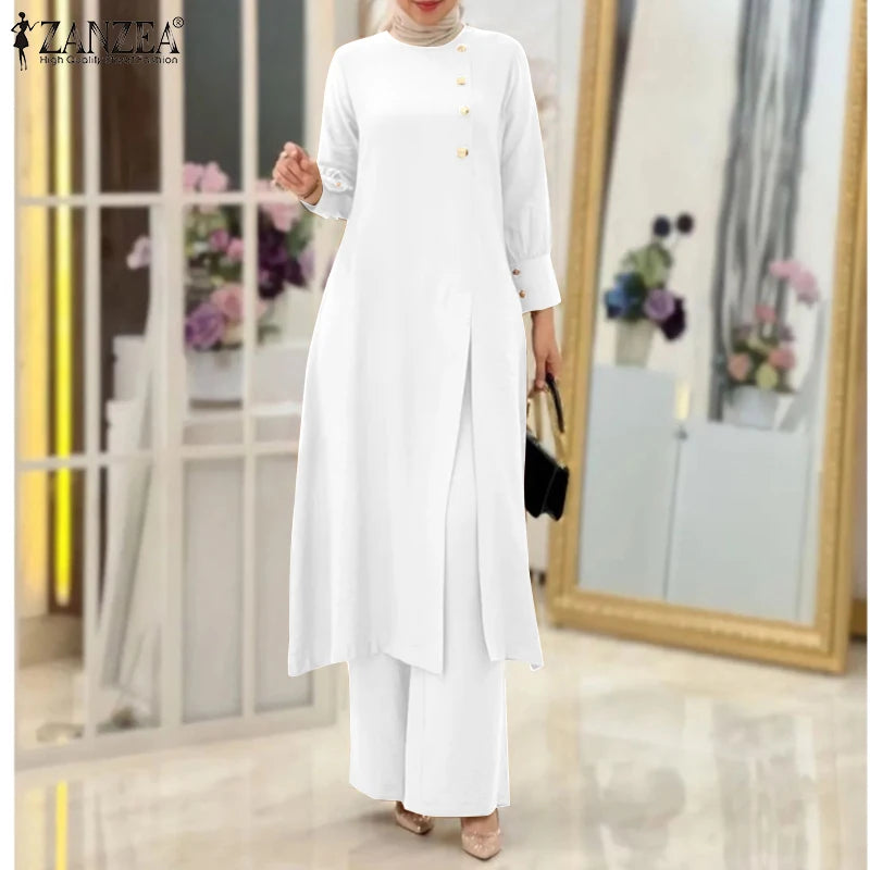 ZANZEA Muslim Abaya Suit Elegant Women Matching Sets Fashion Long Shirt Tops & Wide Leg Pants Ramadan Outfits Urban Tracksuits - Aurex