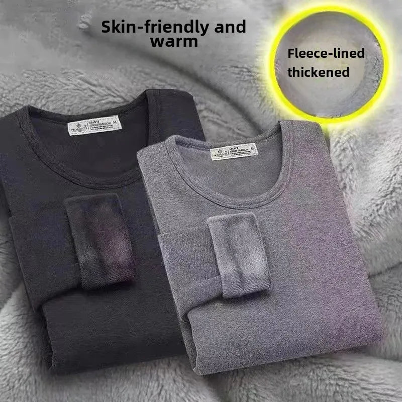 Thickened Fleece-Lined Warm Mens Winter Base Layer Tops Round Neck Sweatshirt T-Shirt Inner Winter Clothing For Youth - Aurex