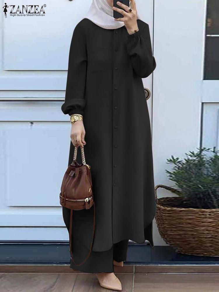 ZANZEA Autumn Muslim Sets Turkey Dubai Abaya Women Long Sleeve Shirt Set Causal Pants Suits Abayas For Women IsIamic Outifits - Aurex