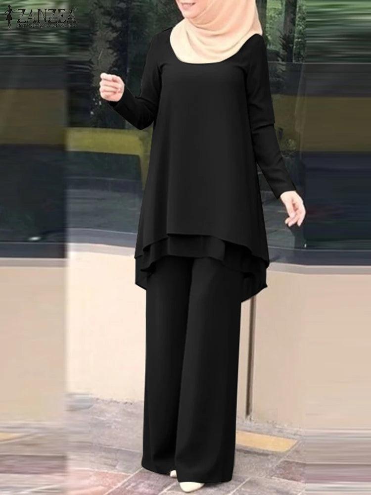 ZANZEA Women Two Piece Sets Outifits Fashion Tracksuit Muslim Long Sleeve Blouse Pant Sets Casual Solid Matching Sets 2PCS - Aurex