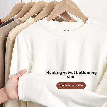 Thickened Warm Fleece-Lined Long Sleeve T-Shirt Men's Autumn Winter Solid Color Round Neck Base Layer Top Cozy Soft Velvet Doubl