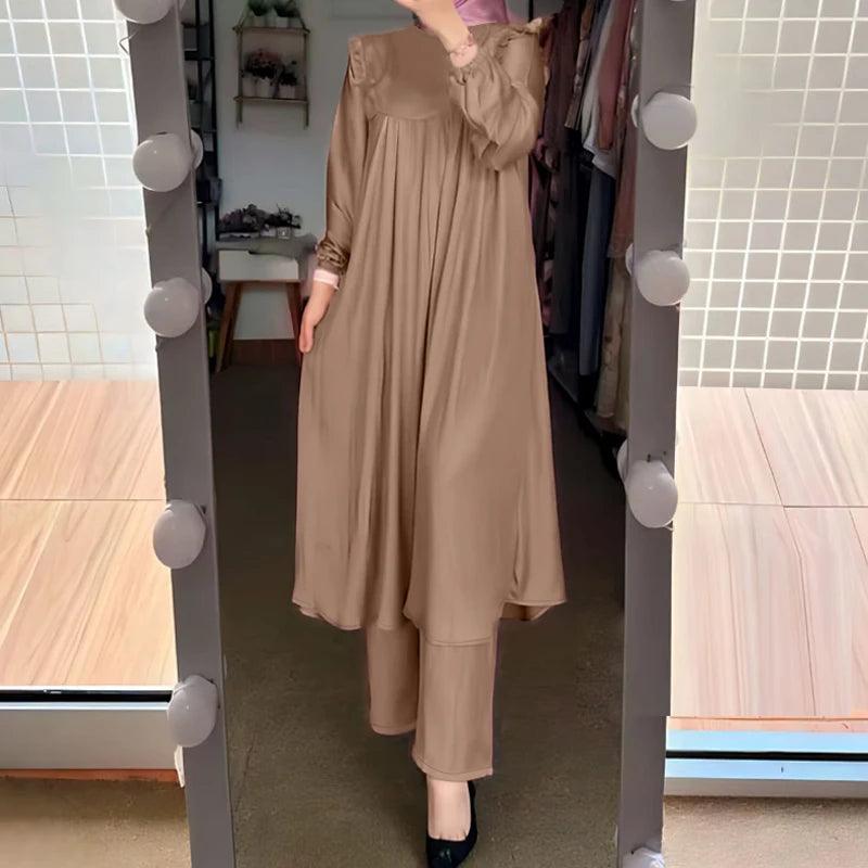 ZANZEA Autumn Muslim Long Sleeve Ruffle Tops Pants Suits 2PCS Women Casual Jilbab Islamic Sets Clothing Abaya Outifits Tracksuit - Aurex