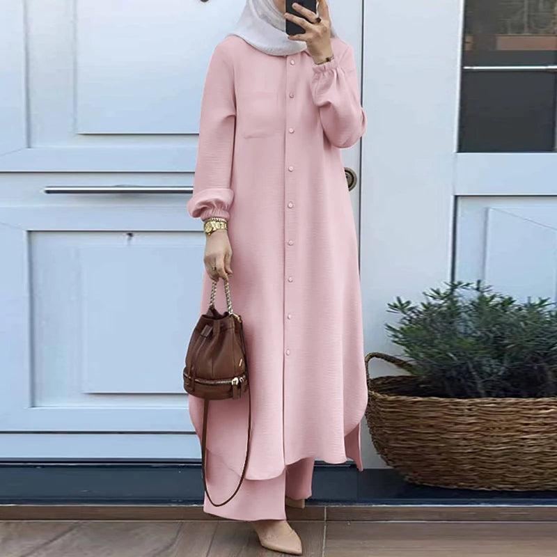 ZANZEA Autumn Muslim Sets Turkey Dubai Abaya Women Long Sleeve Shirt Set Causal Pants Suits Abayas For Women IsIamic Outifits - Aurex