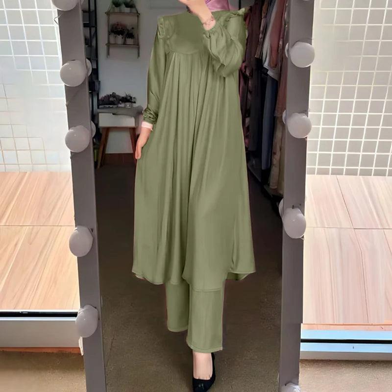 ZANZEA Autumn Muslim Long Sleeve Ruffle Tops Pants Suits 2PCS Women Casual Jilbab Islamic Sets Clothing Abaya Outifits Tracksuit - Aurex